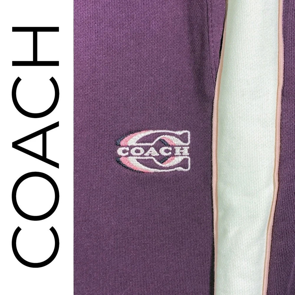 Coach NWT Sporty Wide Leg Cotton Track Pants Beet Purple Terrycloth Logo Women M